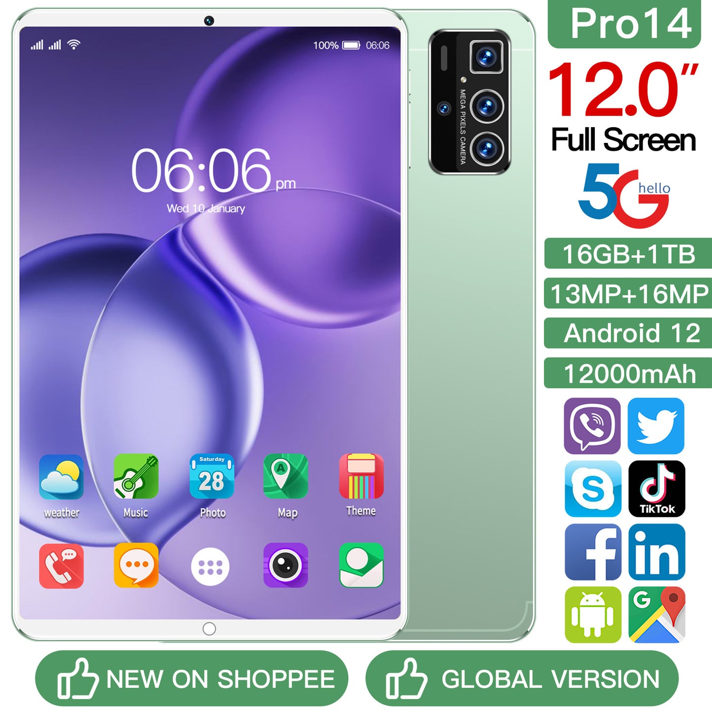 تابلت Pro14 الذكي بشاشة 10 بوصة يعمل بنظام أندرويد ويدعم WiFi وBluetooth وGPS